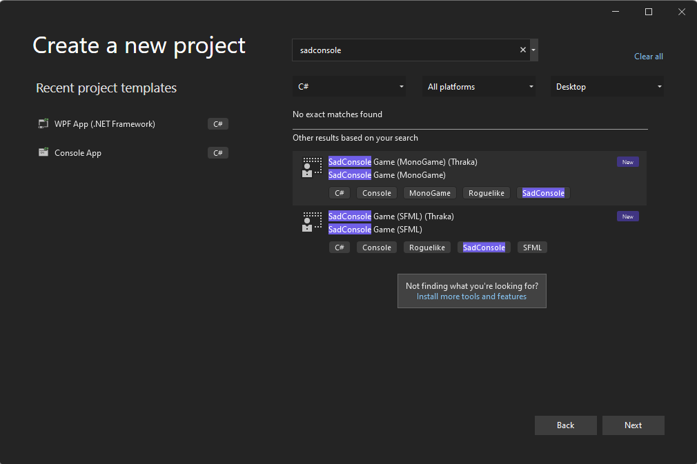create a new sadconsole project in visual studio