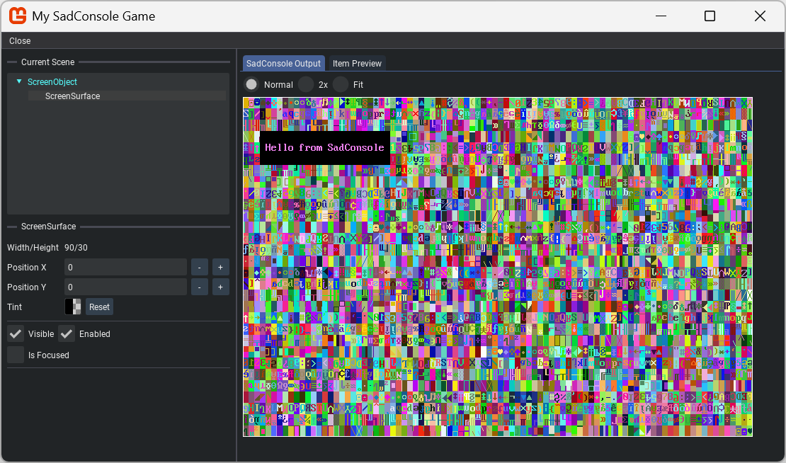 A SadConsole screen with the SadConsole Debugger turned on.