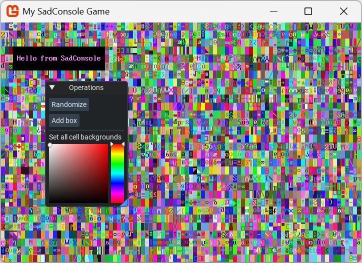 A SadConsole screen with a ImGui UI over the top of it.